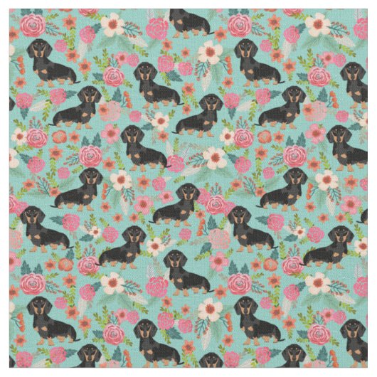 Doxieの花の生地-黒および黄褐色のdoxie -ミント ファブリック (クローズアップ)