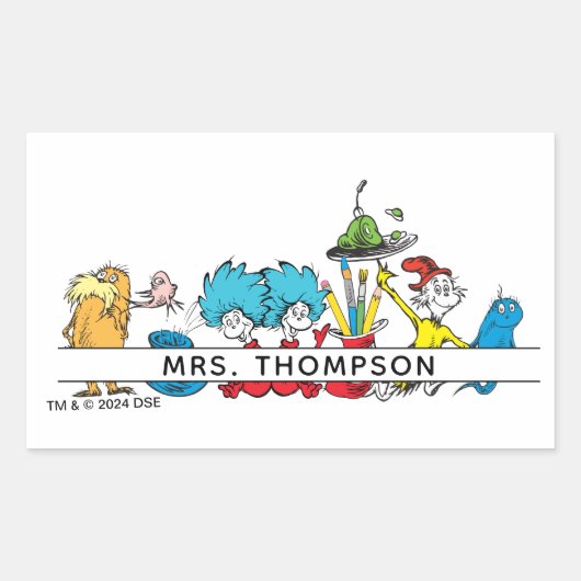 Dr. Seussキャラクターと先生名 長方形シール (正面)