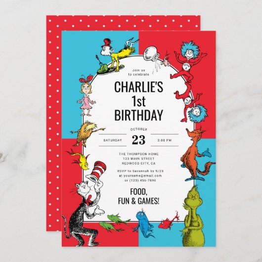 Dr. Seuss -キャラクター |子供の誕生日 招待状 (正面/裏面)