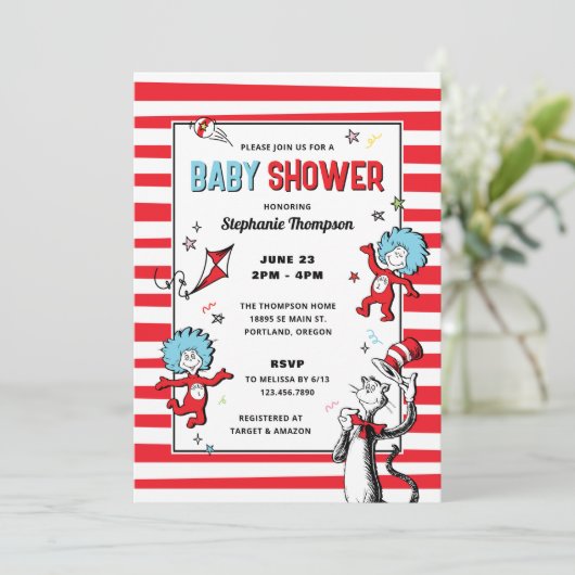 Dr. Seuss – 帽子の中の猫 | 赤ちゃんシャワー 招待状 (スタンド正面)