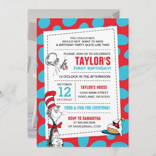 Dr. Seuss Cat in the Hat誕生日写真の追加 招待状 (正面/裏面)