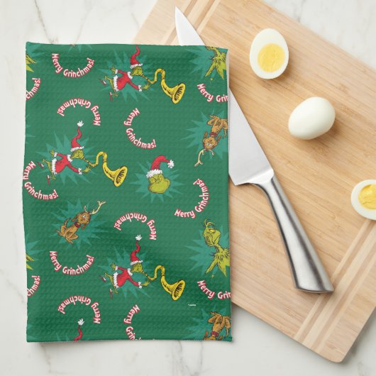 Dr. Seuss | The Grinch | Merry Grinchmas Pattern キッチンタオル (四つ折り)