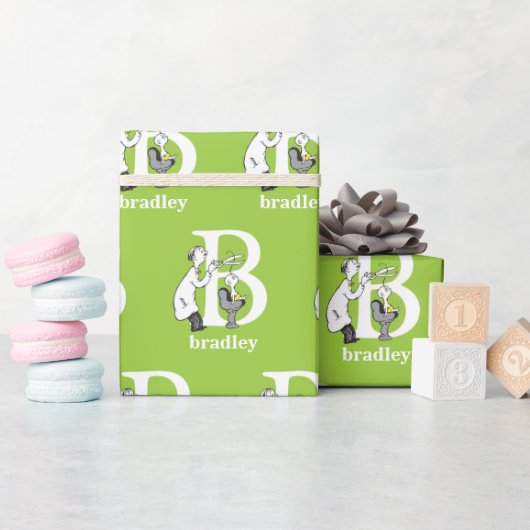 Dr. Seuss's ABC：手紙B – 白 |名前の追加 ラッピングペーパー (ベビーシャワー)
