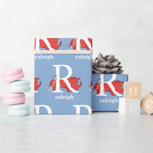 Dr. Seuss's ABC：手紙R – 白 |名前の追加 ラッピングペーパー (ベビーシャワー)