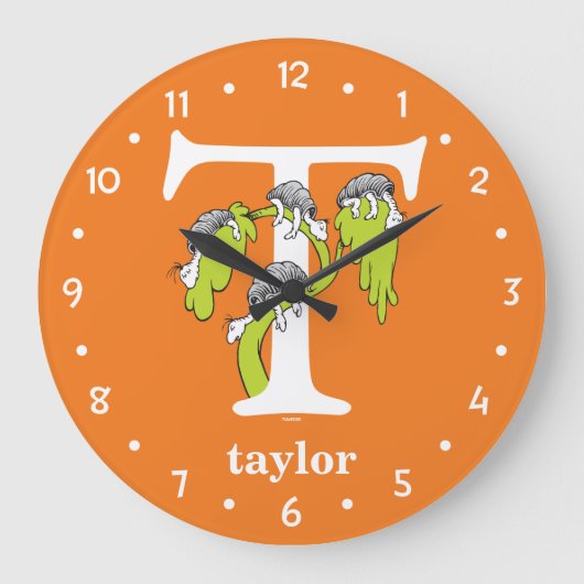 Dr. Seuss's ABC:手紙T – 白 |名前の追加 ラージ壁時計 (正面)