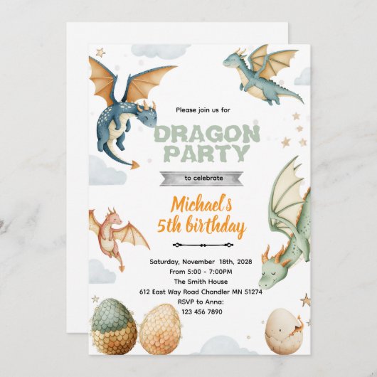 Dragon and eggs birthday Invitation 招待状 (正面/裏面)