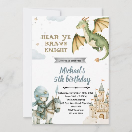 Dragon and Knight Birthday Party Invitation 招待状 (正面)