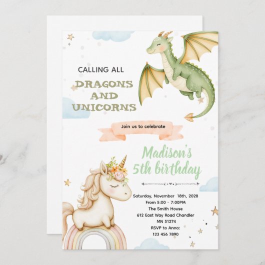 Dragon and unicorn Party Invitation 招待状 (正面/裏面)