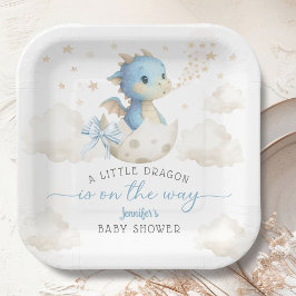 Dragon Baby Shower Boy Blue Cute Dragon ペーパープレート