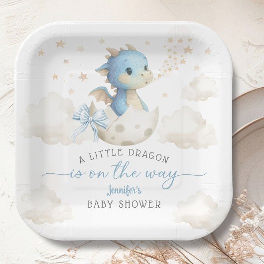 Dragon Baby Shower Boy Blue Cute Dragon ペーパープレート