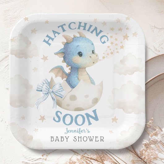 Dragon Baby Shower Boy Blue Hatching Soon ペーパープレート