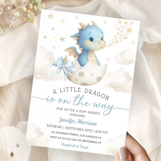 Dragon Baby Shower Boy Blue Hatching Soon 招待状