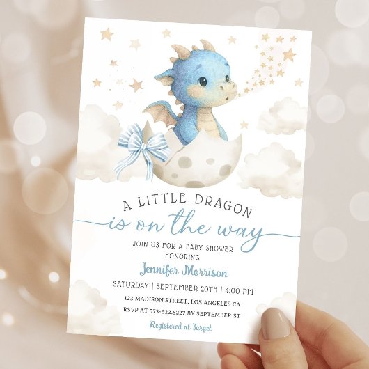 Dragon Baby Shower Boy Blue Hatching Soon 招待状