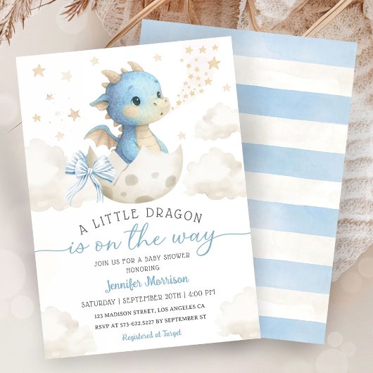 Dragon Baby Shower Boy Blue Hatching Soon 招待状