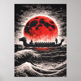 Dragon Boat Race Team Paddling In Red Moon Horizon ポスター
