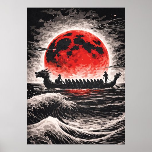 Dragon Boat Race Team Paddling In Red Moon Horizon ポスター (正面)