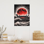Dragon Boat Race Team Paddling In Red Moon Horizon ポスター (キッチン)