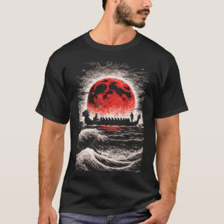 Dragon Boat Race Team Paddling In Red Moon Horizon Tシャツ