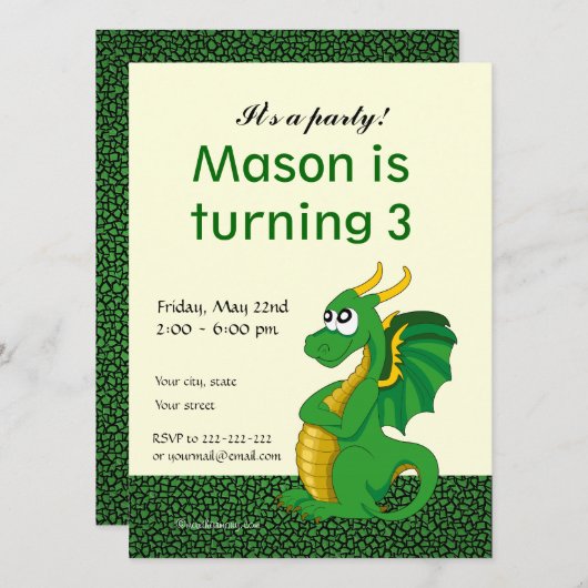 Dragon cartoon birthday print invitations 招待状 (正面/裏面)