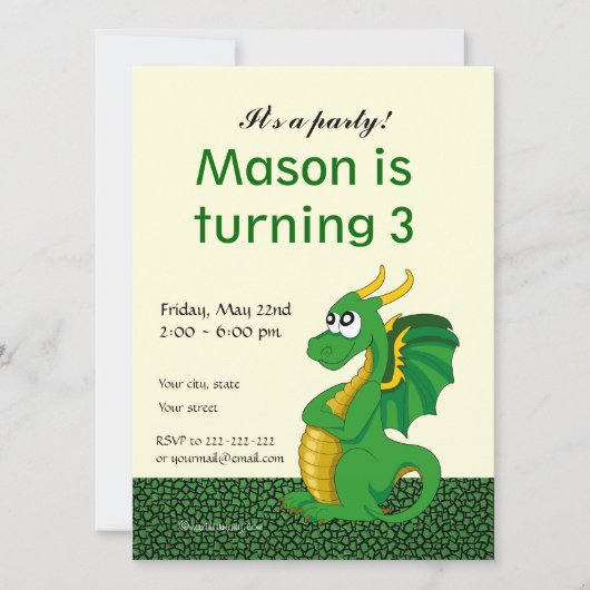 Dragon cartoon birthday print invitations 招待状 (正面)