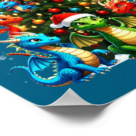 Dragon Christmas Tree Squad Santa Hat Fantasy Myth ポスター (角)