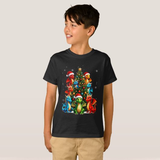 Dragon Christmas Tree Squad Santa Hat Fantasy Myth Tシャツ (正面フル)