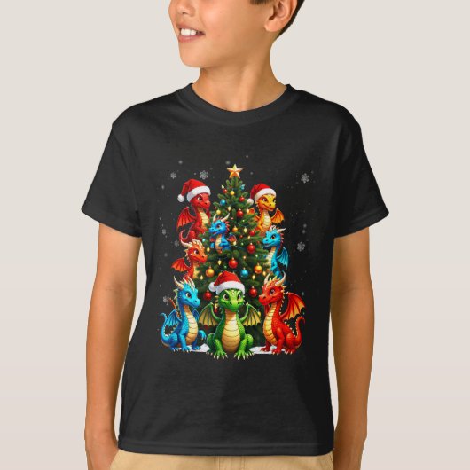 Dragon Christmas Tree Squad Santa Hat Fantasy Myth Tシャツ (正面)
