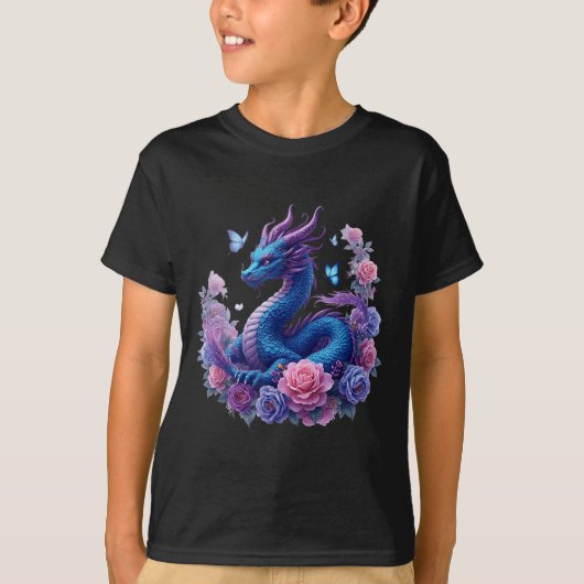 Dragon Flowers Beautiful Art Colorful Graphic  Tシャツ (正面)