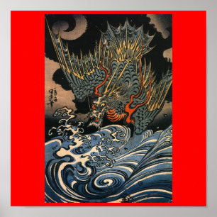 Dragon flying over the Water c. 1800's (Japan) ポスター