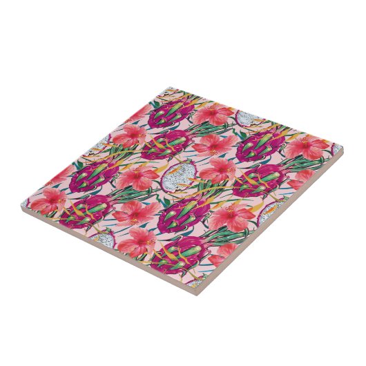 Dragon Fruit Tropical Floral Modern Green Palm タイル (側面)