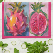 Dragon Fruit watercolor on textured background キッチンタオル (折り畳み)