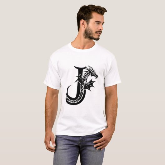 Dragon Letter J – Stylish Fantasy Dragon Design Tシャツ (正面フル)