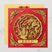 Dragon Phoenix Red Gold Chinese Wedding RSVP 招待状 (正面/裏面)