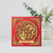 Dragon Phoenix Red Gold Chinese Wedding RSVP 招待状 (スタンド正面)