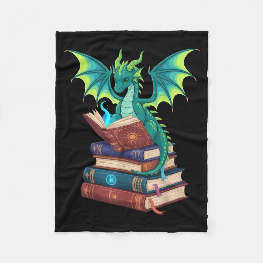 Dragon Reading Books Fantasy Lovers Mythical Creat フリースブランケット (正面)