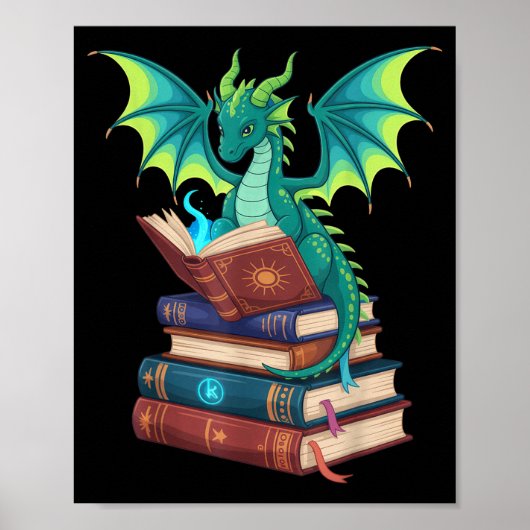 Dragon Reading Books Fantasy Lovers Mythical Creat ポスター (正面)