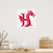 Dragon Styled Letter H, Dragon Alphabet, Monogram ポスター (キッチン)