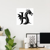 Dragon Styled Letter H, Dragon Alphabet, Monogram ポスター (ホームオフィス)