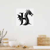 Dragon Styled Letter H, Dragon Alphabet, Monogram ポスター (キッチン)