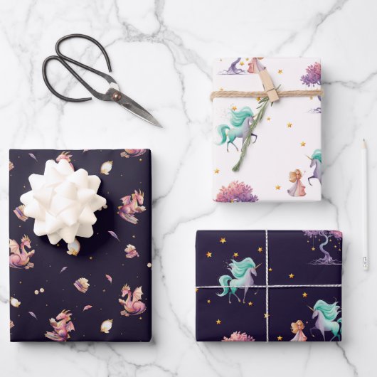 Dragon & Unicorn Wrapping Paper Set (3 Sheets) ラッピングペーパーシート (正面)