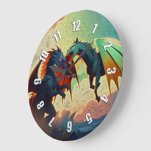 Dragon vs Pegasus - Fantasy Art ラージ壁時計 (傾斜)