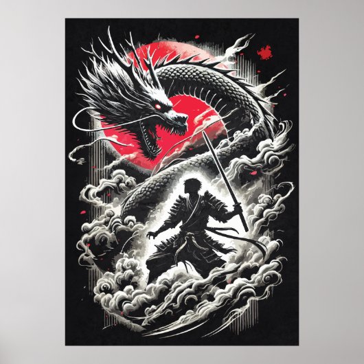 Dragon vs Samurai Warrior - Japanese Tattoo ポスター (正面)