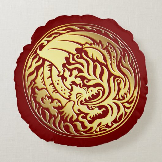 Dragoncircle – 赤の金ゴールド ラウンドクッション (正面)