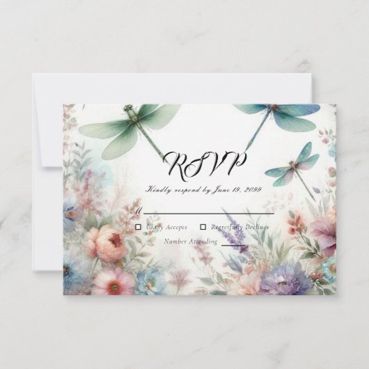 Dragonflies and Pastel Florals Wedding 出欠カード (正面)