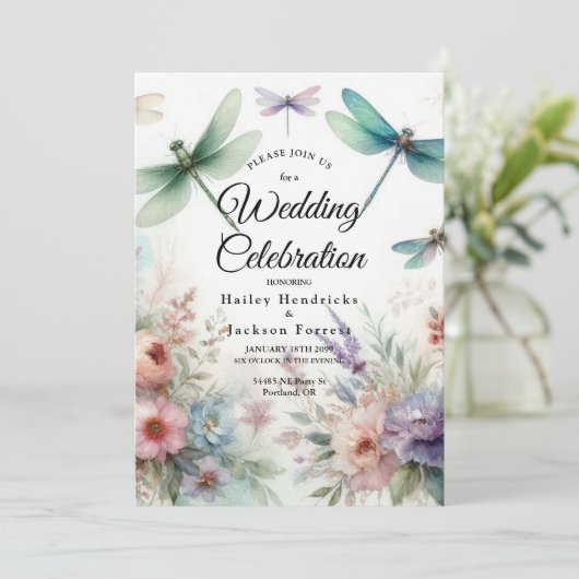 Dragonflies and Pastel Florals Wedding 招待状 (スタンド正面)