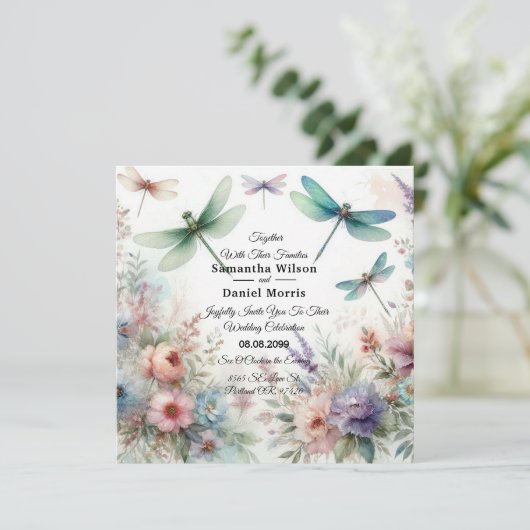 Dragonflies and Pastel Florals Wedding 招待状 (スタンド正面)