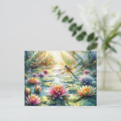 Dragonfly Above Pond Watercolor ポストカード (スタンド正面)