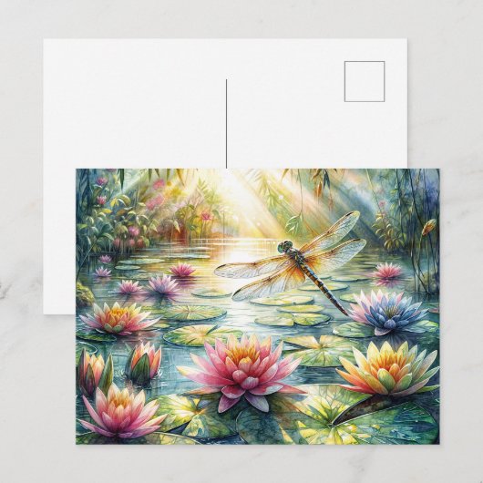 Dragonfly Above Pond Watercolor ポストカード (正面/裏面)