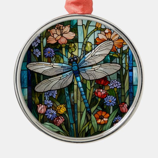 Dragonfly boho floral botanical stain glass メタルオーナメント (正面)
