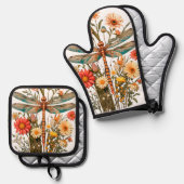 DragonFly & Flowers Oven Mitt and Potholders Set 鍋つかみ&鍋敷きセット (正面/裏面)